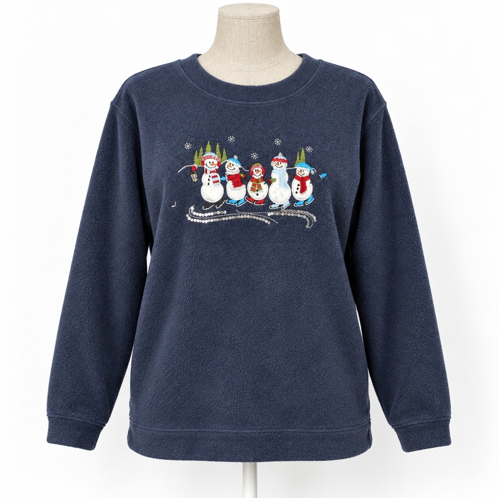Vintage Snowman Ice Skating Sweatshirt Size M Blue Christmas Holiday Cottagecore